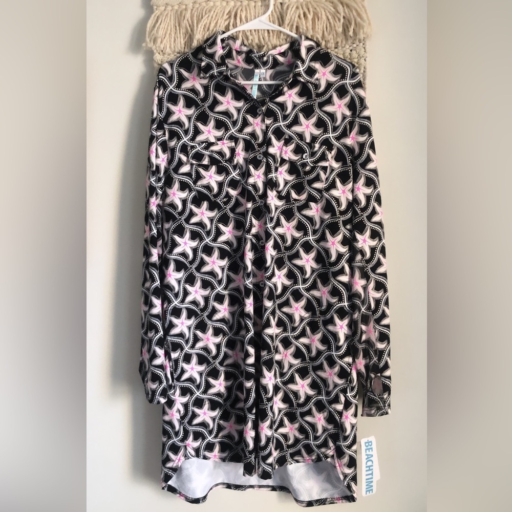 NWT BEACHTIME by Lulu-B Starfish Print Long Sleeve Collar Beach Dress Coastal